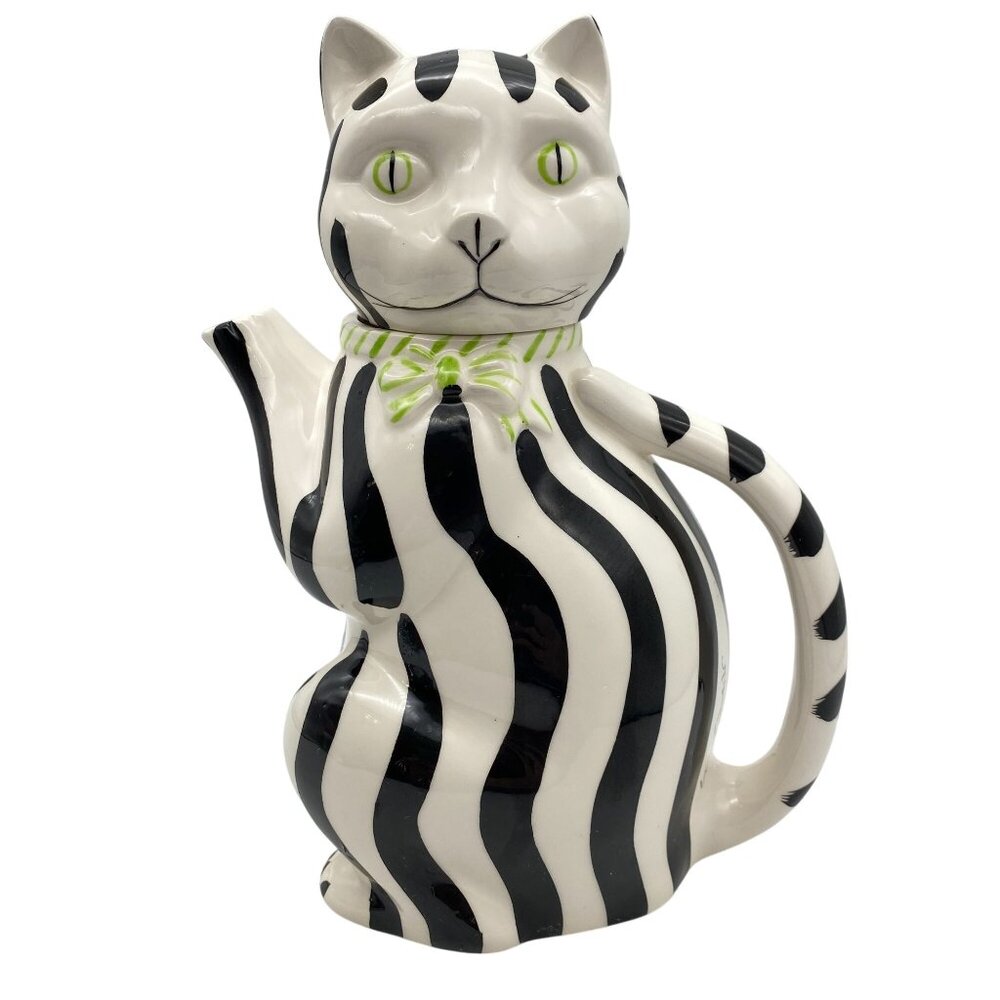 VTG Gloria Vanderbilt‎ Black white stripe Cat coffee tea pot Tastesetter IGMA